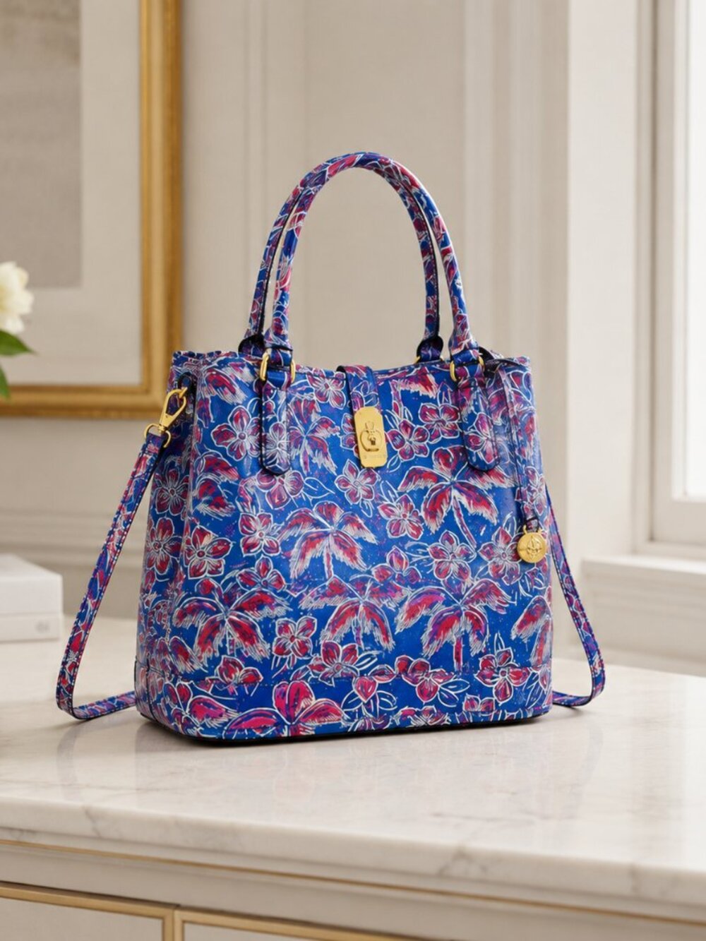 Brahmin Giora Tote Vista Blue Torrone Floral Palm Leather NWT - Picture 2 of 7
